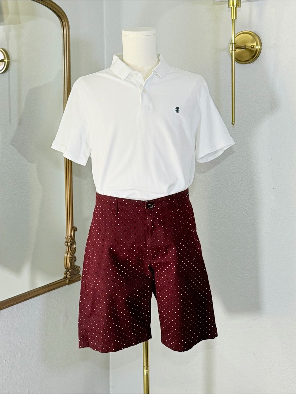 Denim & Flower Mens Size 38 Burgundy Polka Dot Chino Shorts Dark Academia Prep